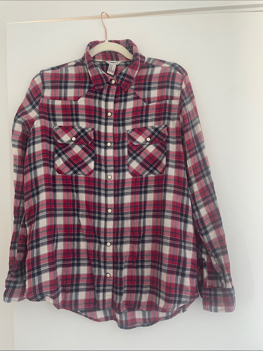 Forever 21 Red, Black & White Plaid Button-Down Shirt - Women's